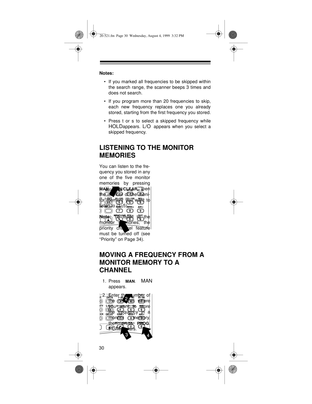 Radio Shack PRO-91 owner manual Listening to the Monitor Memories, Moving a Frequency from a Monitor Memory to a Channel 