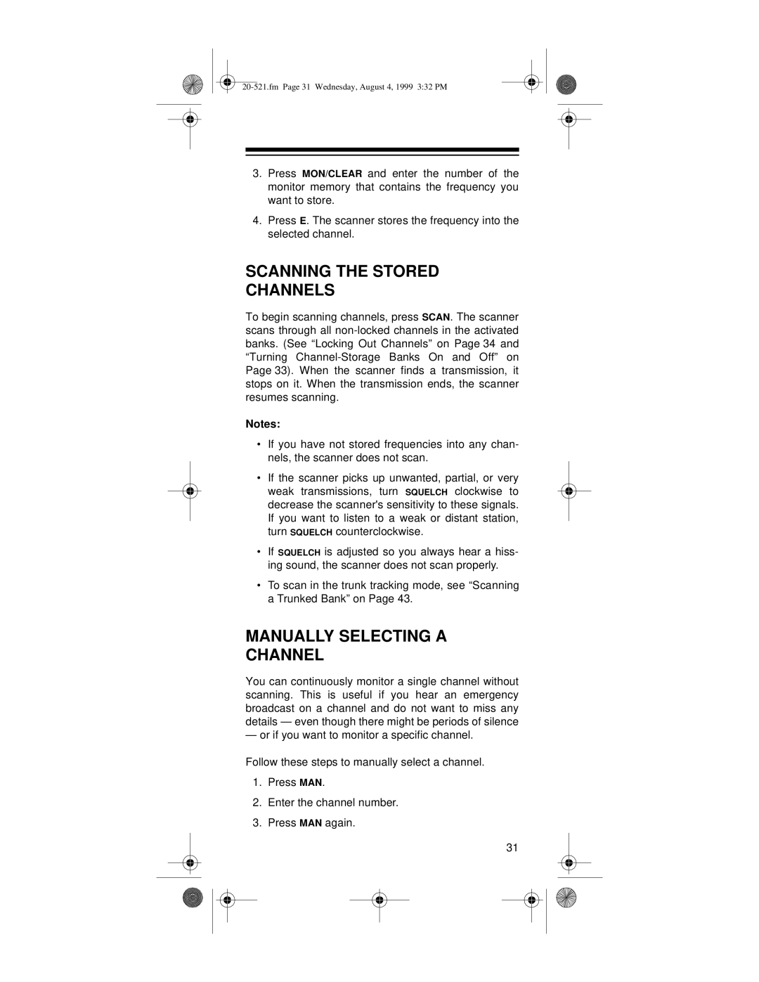 Radio Shack PRO-91 owner manual Scanning the Stored Channels, Manually Selecting a Channel 