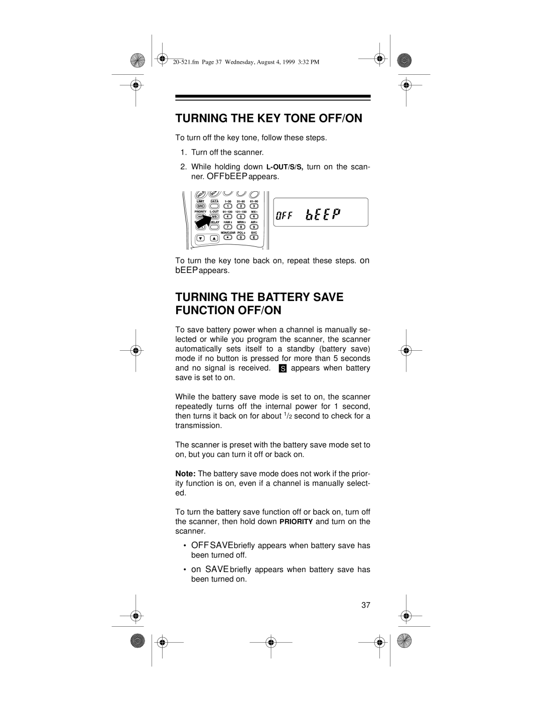 Radio Shack PRO-91 owner manual Turning the KEY Tone OFF/ON, Turning the Battery Save Function OFF/ON 