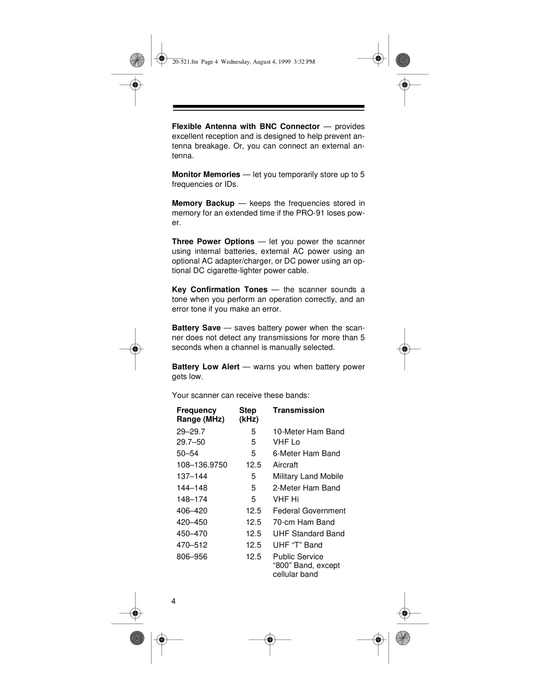 Radio Shack PRO-91 owner manual Frequency Step Transmission Range MHz KHz 