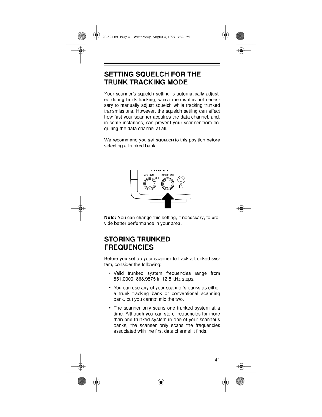 Radio Shack PRO-91 owner manual Setting Squelch for the Trunk Tracking Mode, Storing Trunked Frequencies 