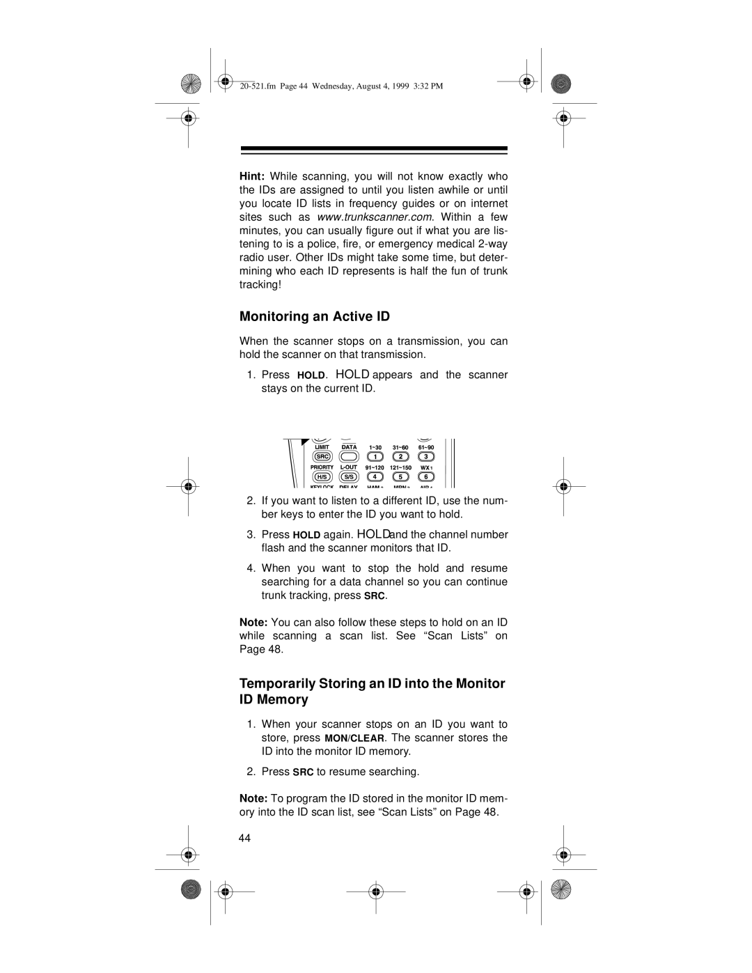 Radio Shack PRO-91 owner manual Monitoring an Active ID, Temporarily Storing an ID into the Monitor ID Memory 