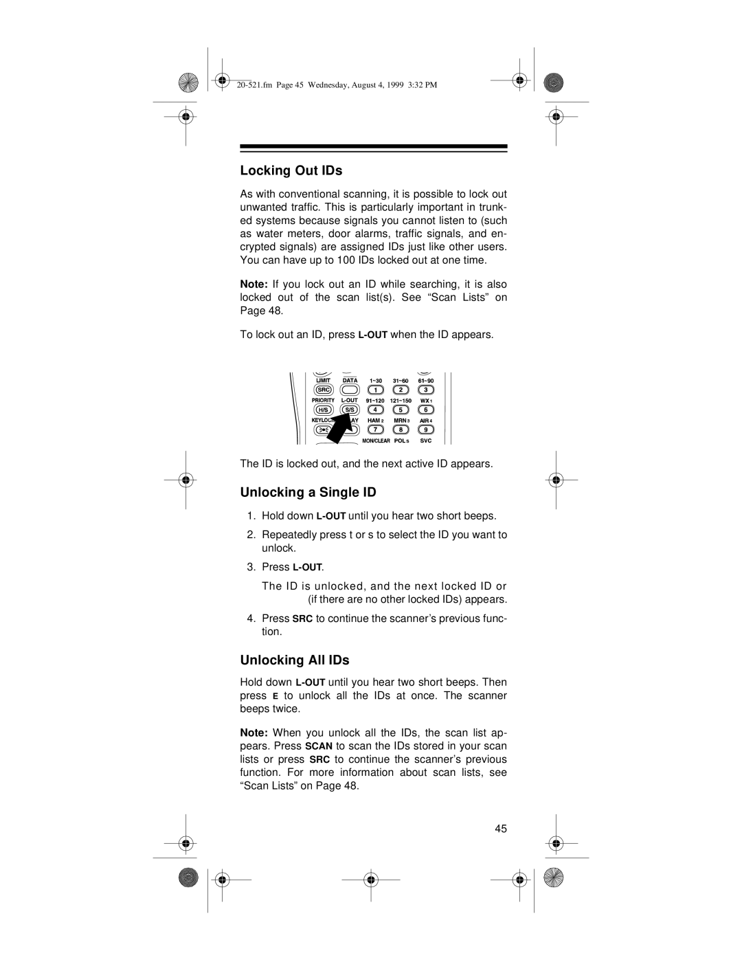 Radio Shack PRO-91 owner manual Locking Out IDs, Unlocking a Single ID, Unlocking All IDs 