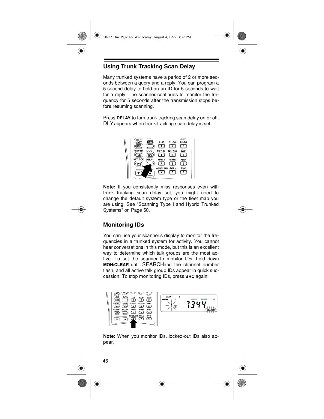 Radio Shack PRO-91 owner manual Using Trunk Tracking Scan Delay, Monitoring IDs 