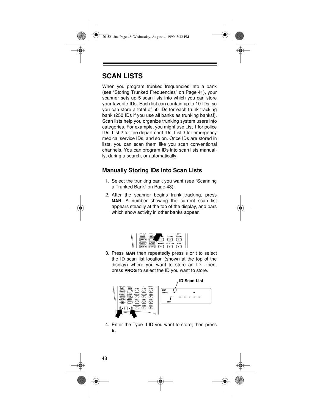 Radio Shack PRO-91 owner manual Manually Storing IDs into Scan Lists 