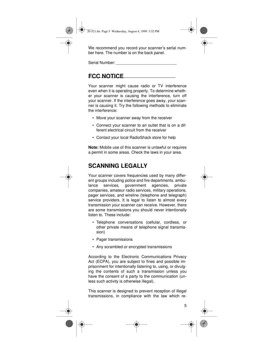 Radio Shack PRO-91 owner manual FCC Notice, Scanning Legally 