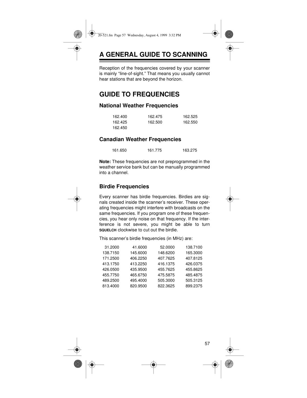 Radio Shack PRO-91 General Guide to Scanning, Guide to Frequencies, National Weather Frequencies, Birdie Frequencies 