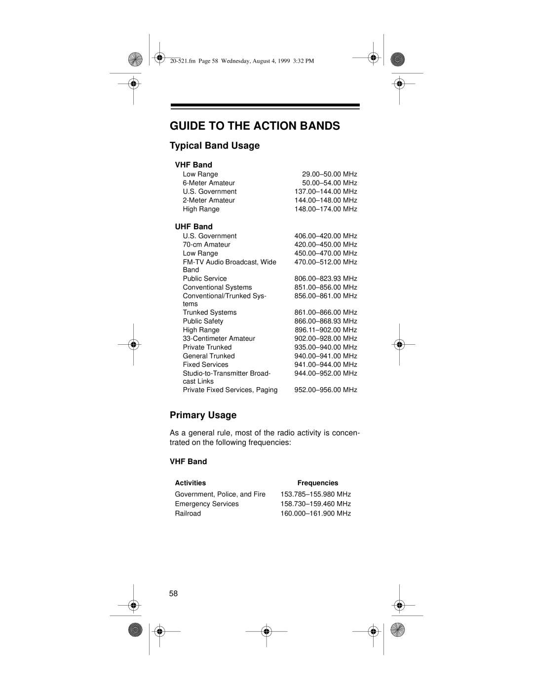 Radio Shack PRO-91 owner manual Guide to the Action Bands, Typical Band Usage, Primary Usage, VHF Band, UHF Band 