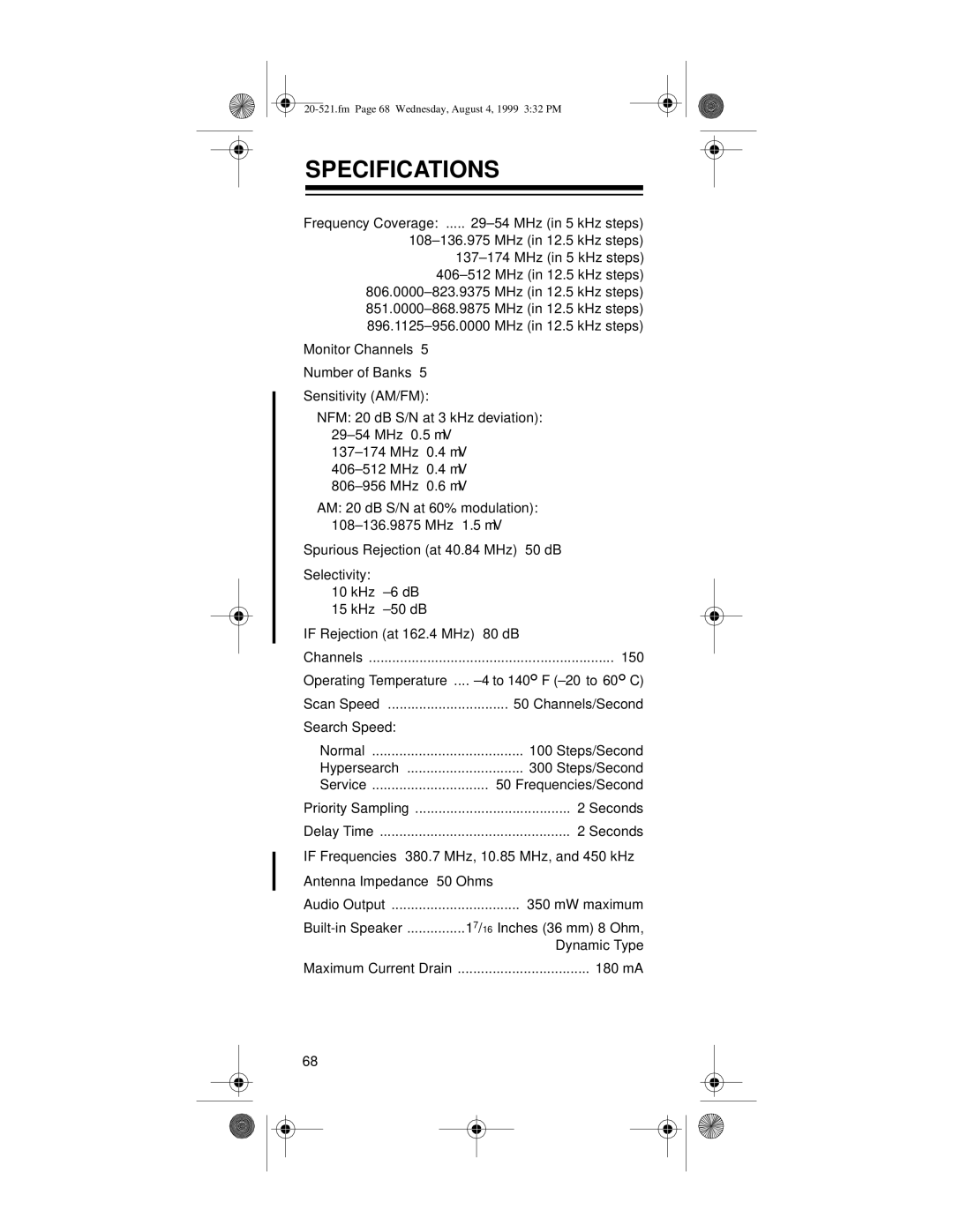 Radio Shack PRO-91 owner manual Specifications 