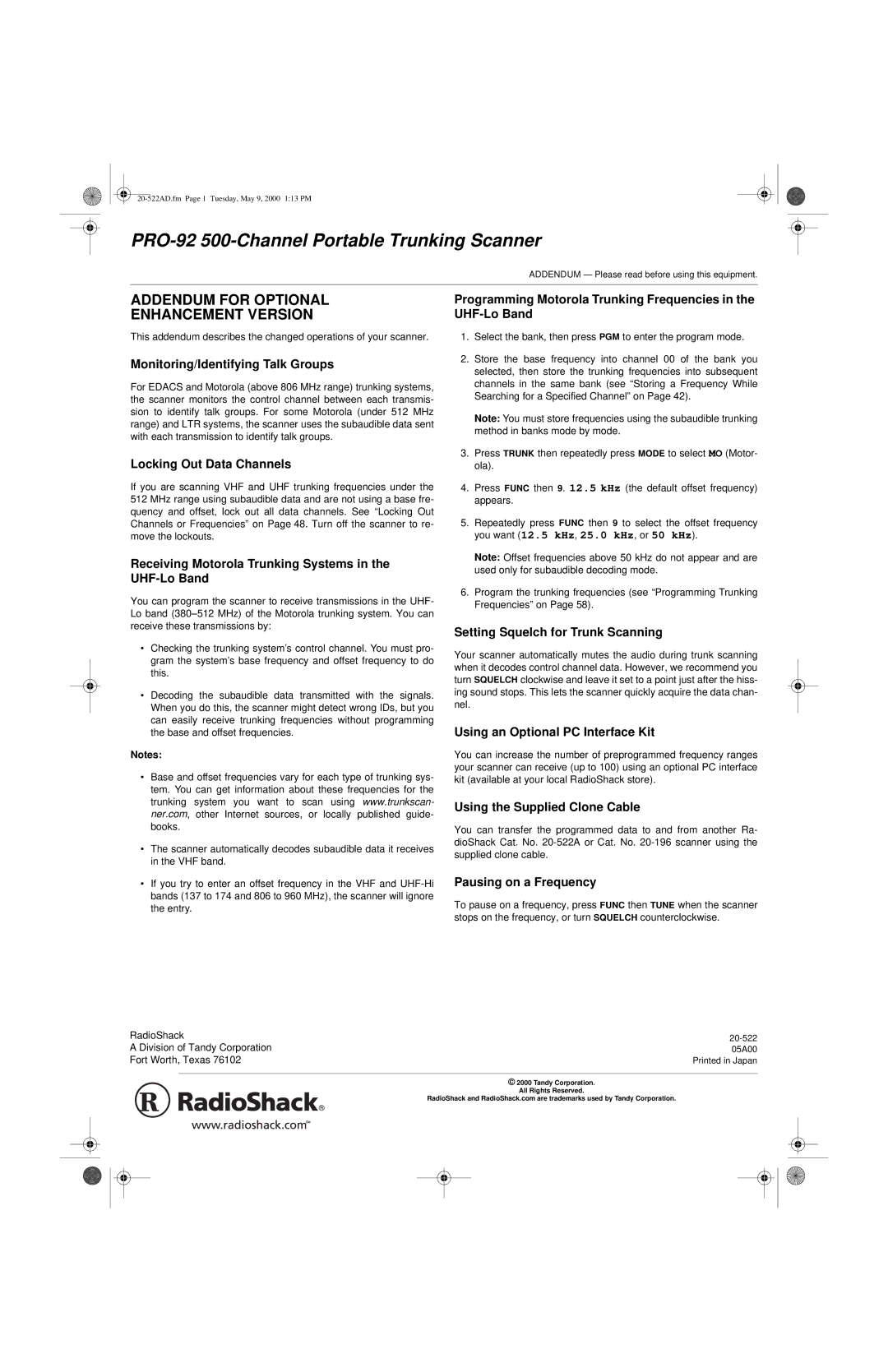 Radio Shack PRO-92 manual Monitoring/Identifying Talk Groups, Locking Out Data Channels, Using the Supplied Clone Cable 