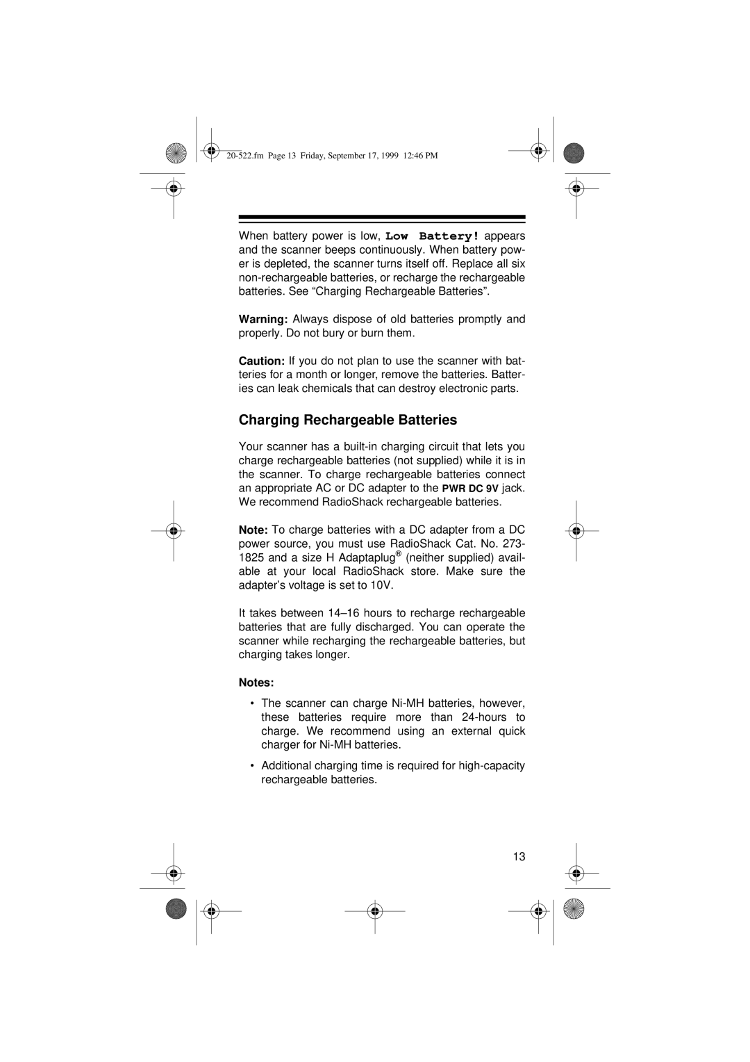 Radio Shack PRO-92 manual Charging Rechargeable Batteries 