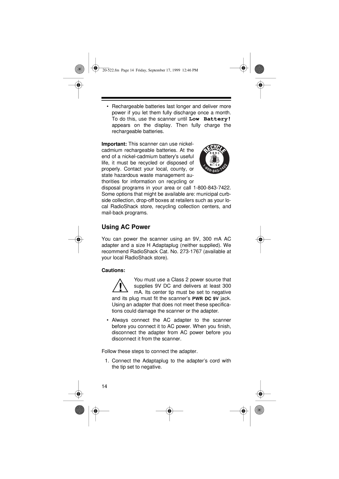 Radio Shack PRO-92 manual Using AC Power 