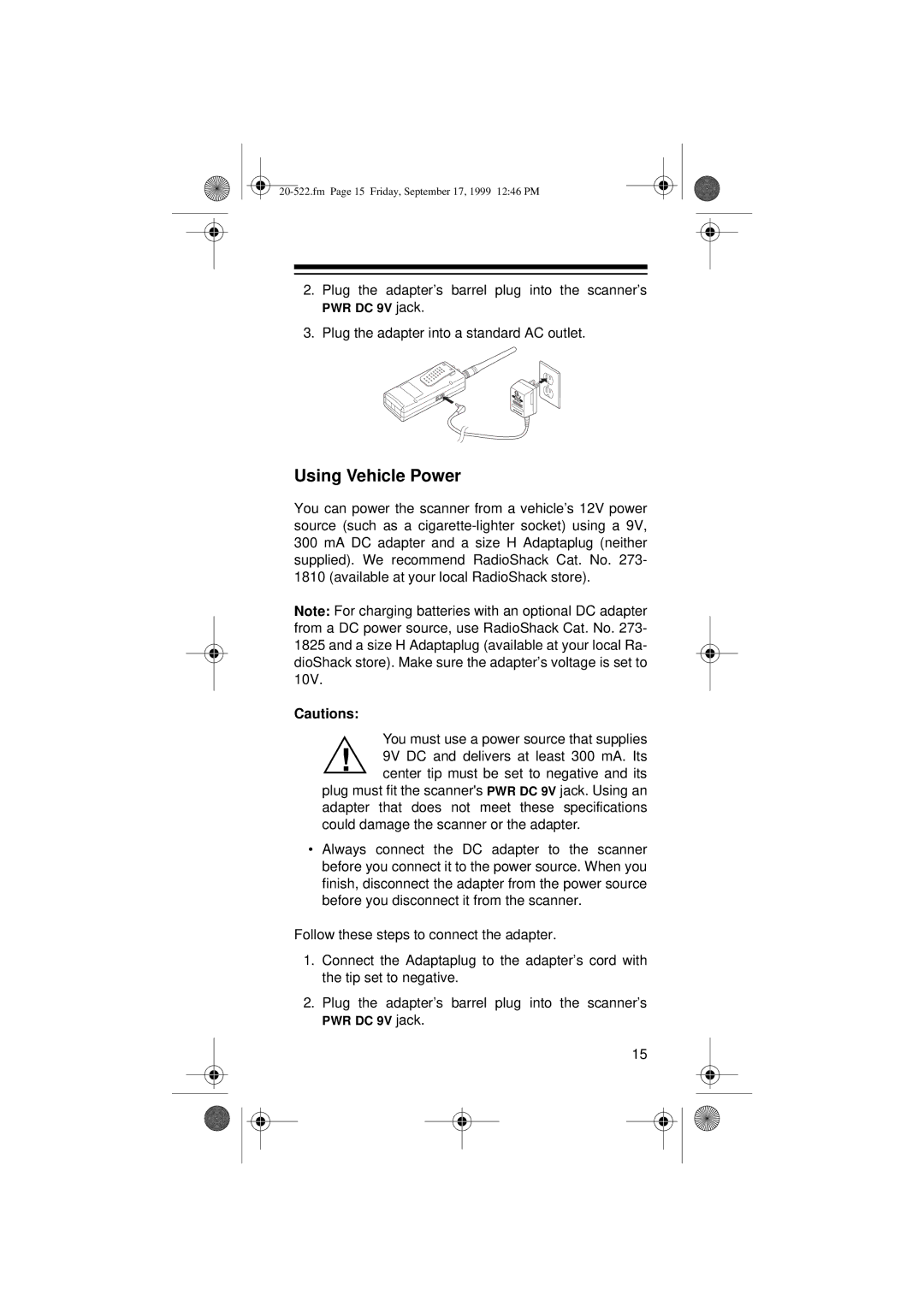 Radio Shack PRO-92 manual Using Vehicle Power, PWR DC 9V jack 