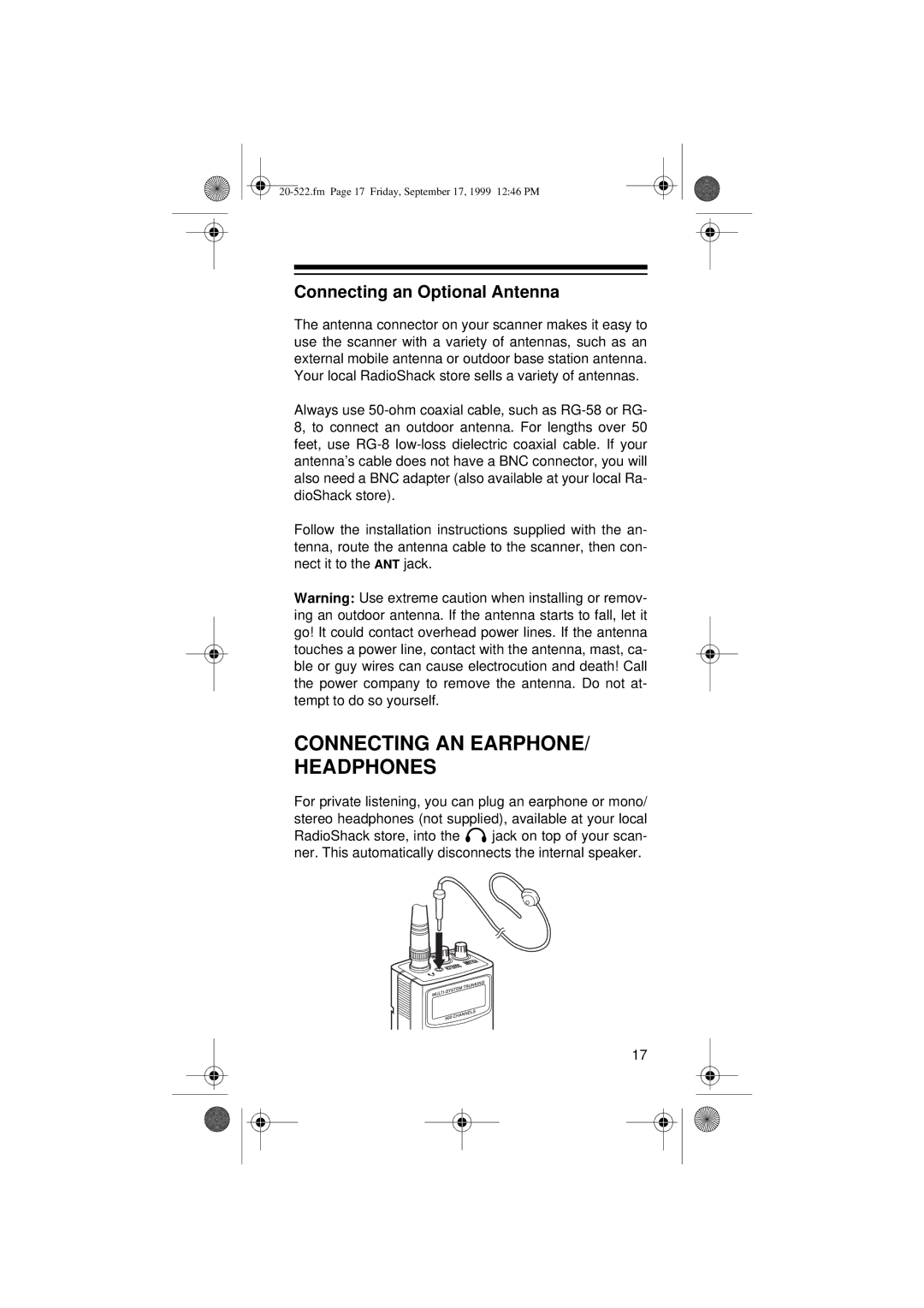 Radio Shack PRO-92 manual Connecting AN EARPHONE/ Headphones, Connecting an Optional Antenna 