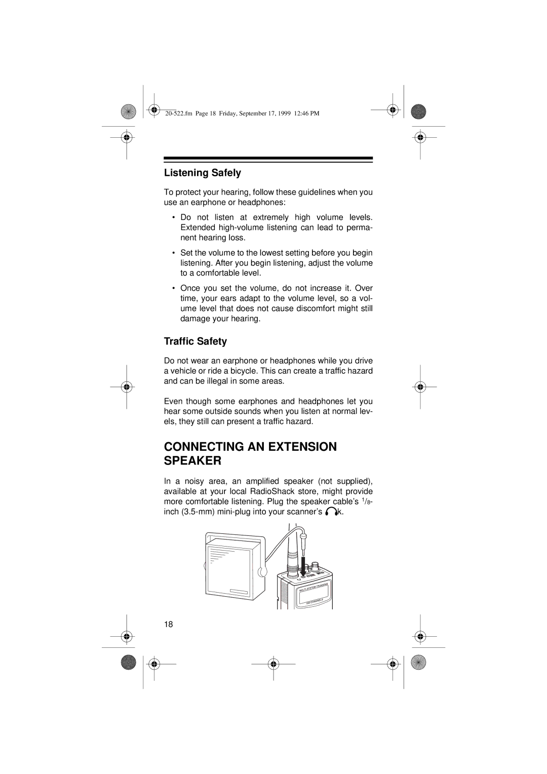 Radio Shack PRO-92 manual Connecting AN Extension Speaker, Listening Safely, Traffic Safety 