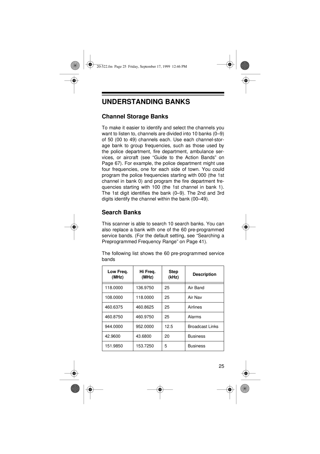 Radio Shack PRO-92 Understanding Banks, Channel Storage Banks, Search Banks, Low Freq Hi Freq Step Description MHz KHz 