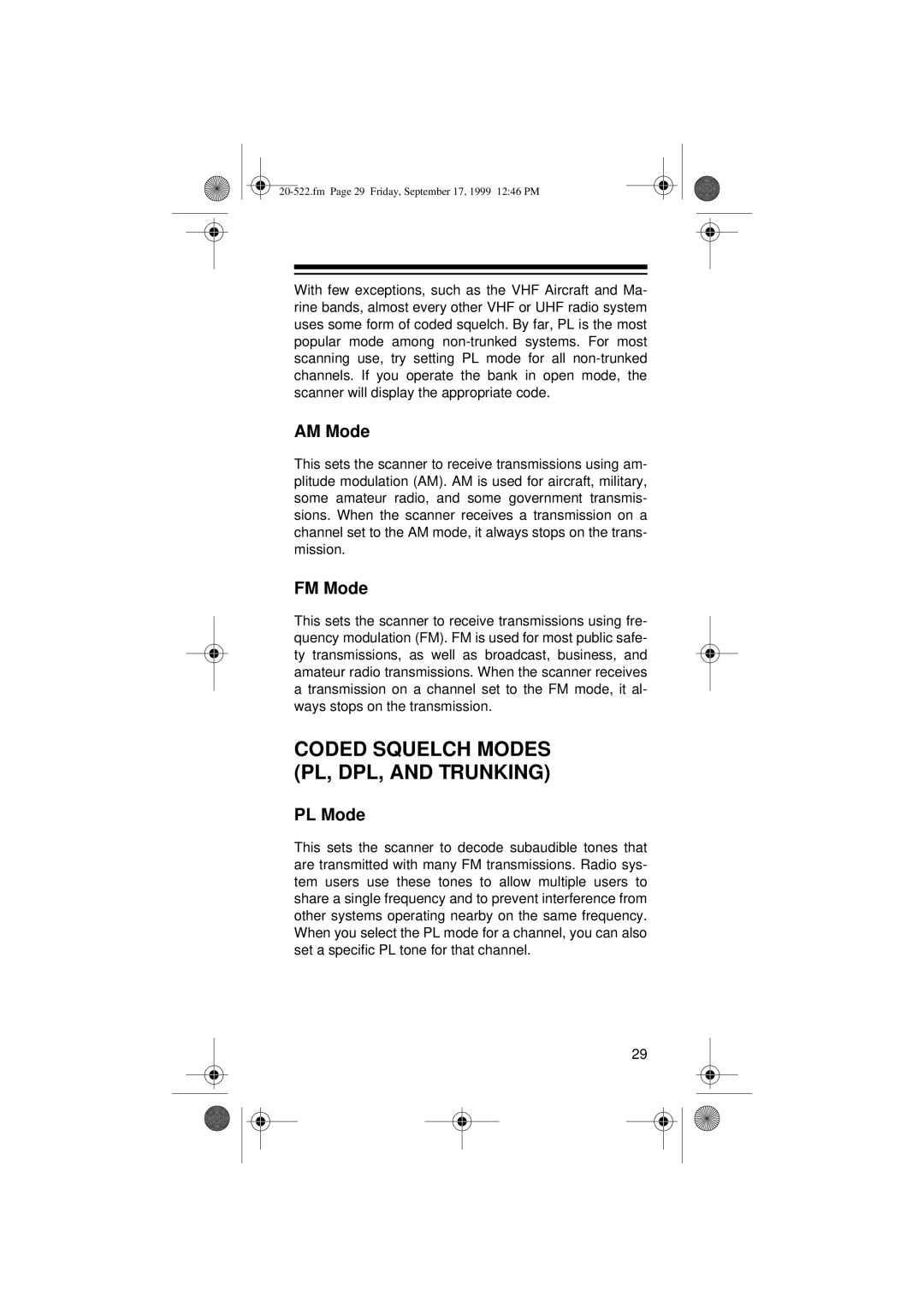 Radio Shack PRO-92 manual Coded Squelch Modes PL, DPL, and Trunking, AM Mode, FM Mode, PL Mode 