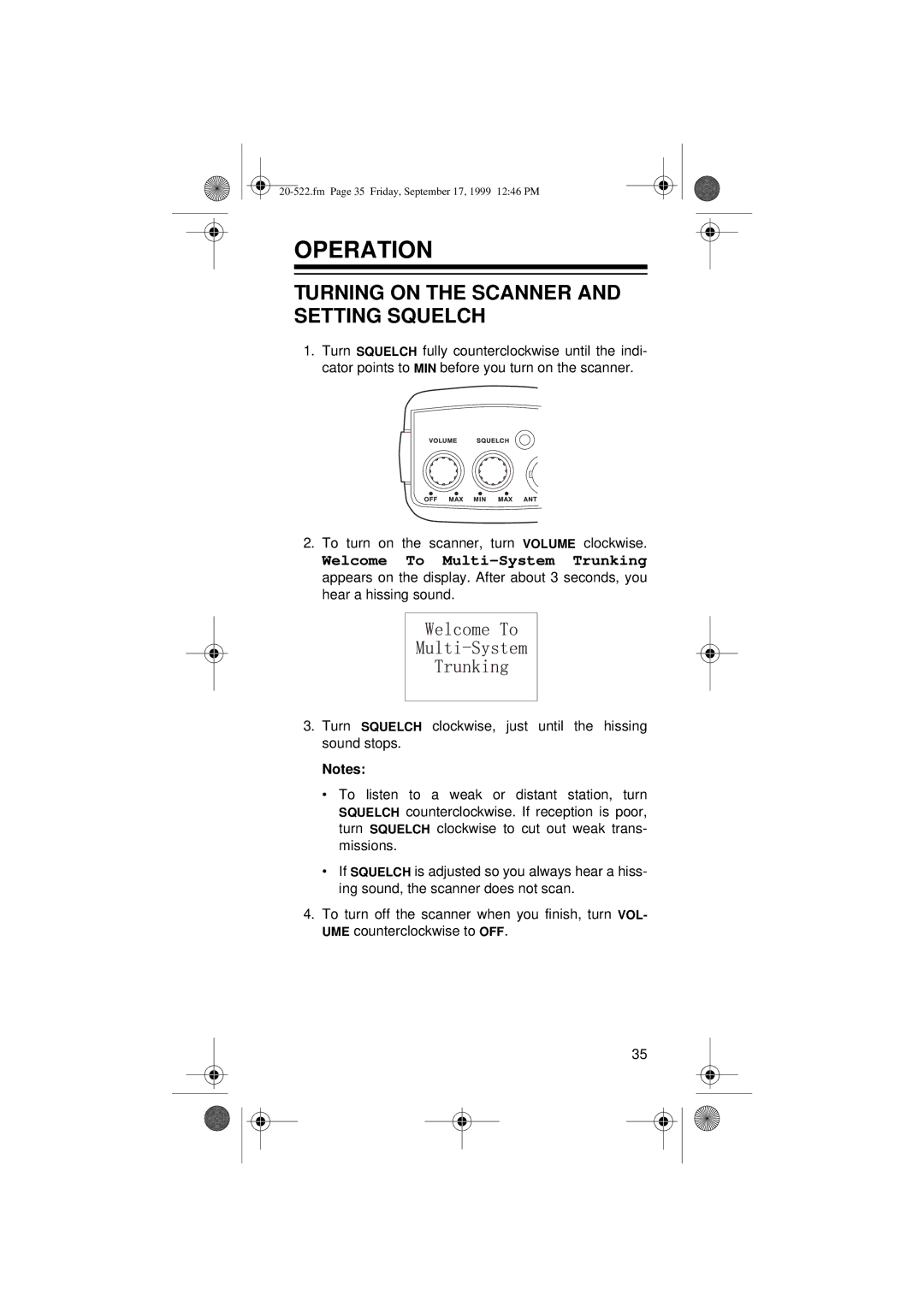 Radio Shack PRO-92 manual Operation, Turning on the Scanner and Setting Squelch 