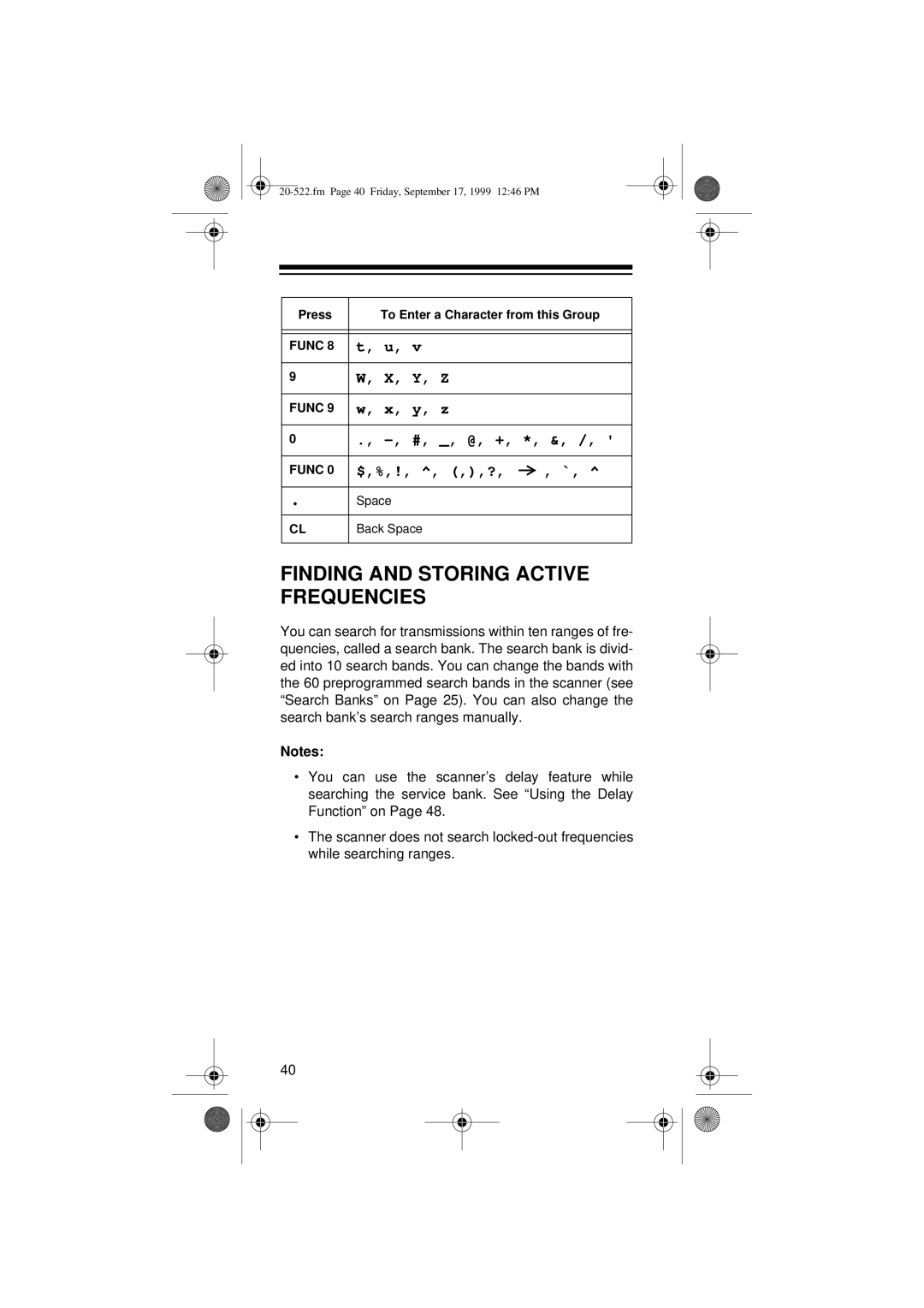 Radio Shack PRO-92 manual Finding and Storing Active Frequencies, Press To Enter a Character from this Group 