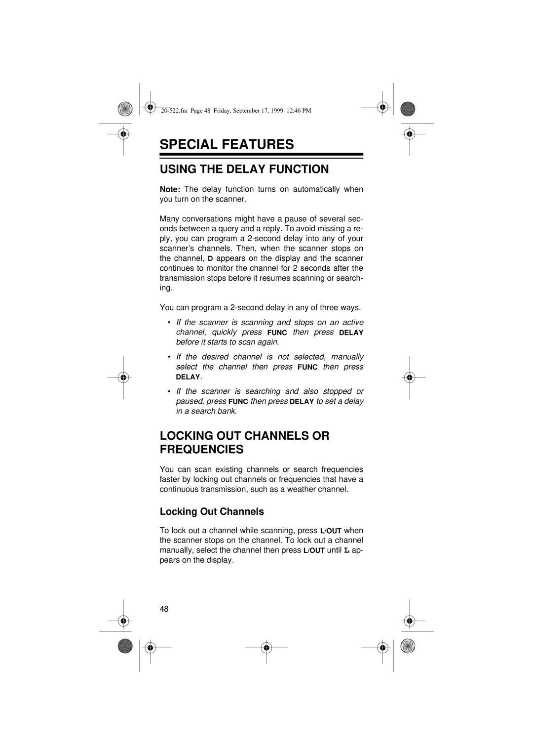 Radio Shack PRO-92 Special Features, Using the Delay Function, Locking OUT Channels or Frequencies, Locking Out Channels 