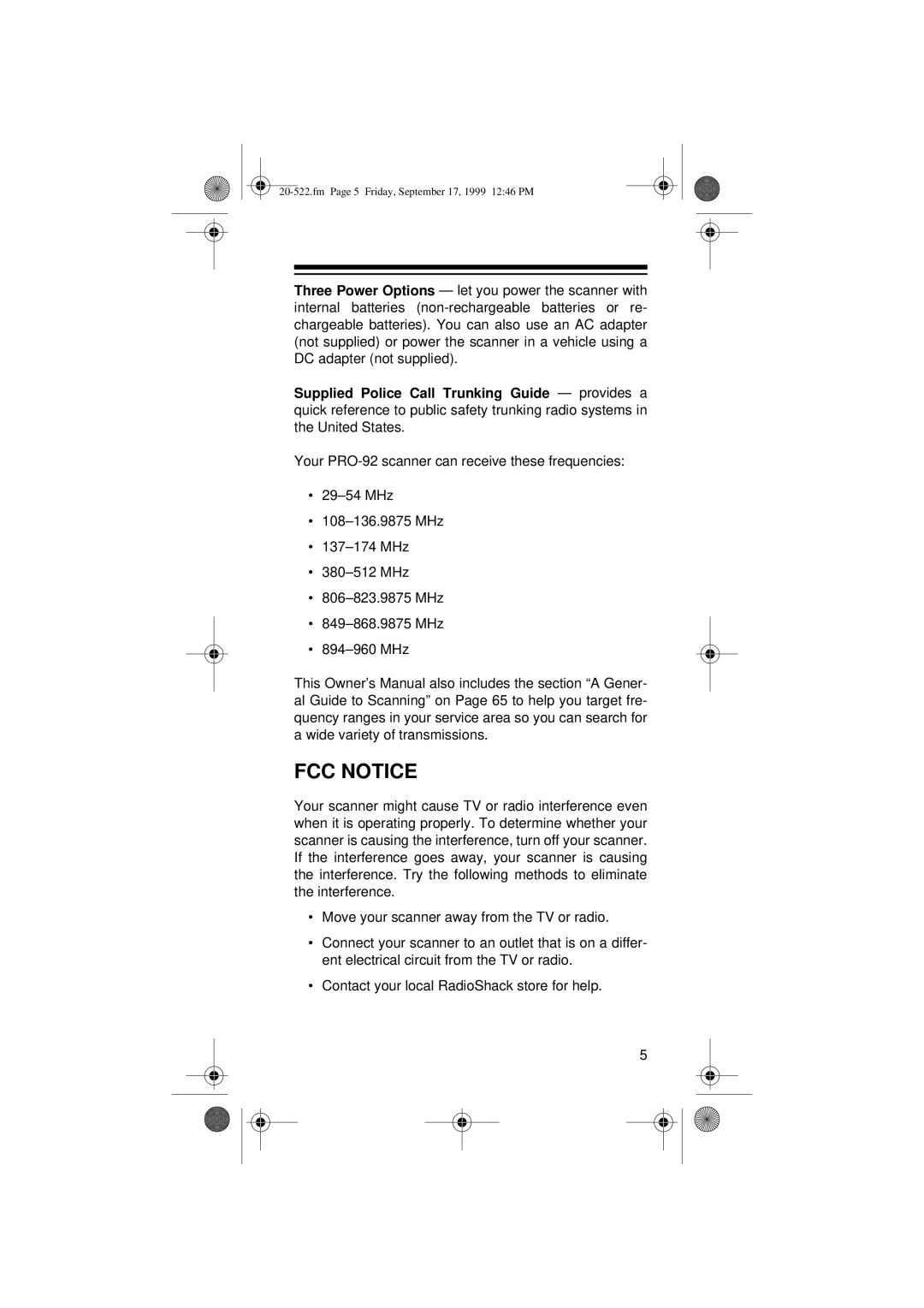 Radio Shack PRO-92 manual FCC Notice 