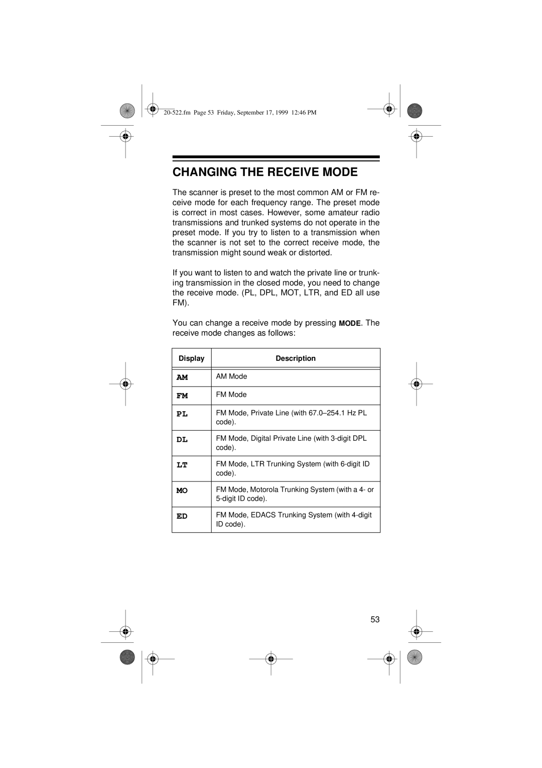 Radio Shack PRO-92 manual Changing the Receive Mode, Display Description 