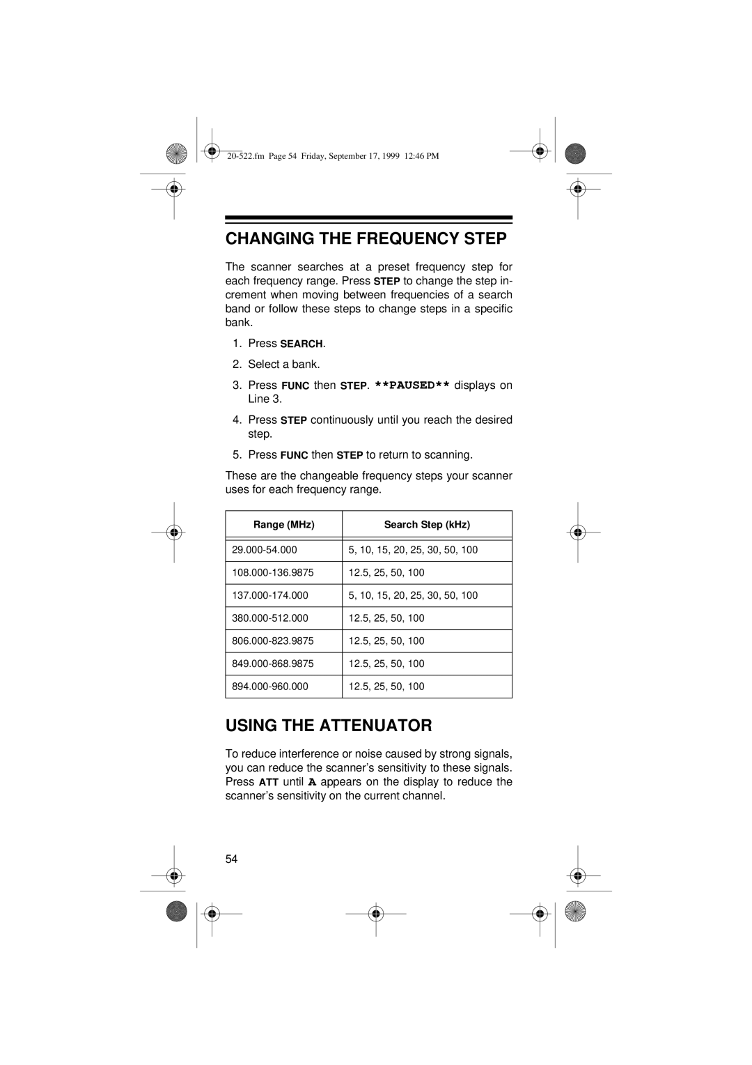 Radio Shack PRO-92 manual Changing the Frequency Step, Using the Attenuator, Range MHz Search Step kHz 