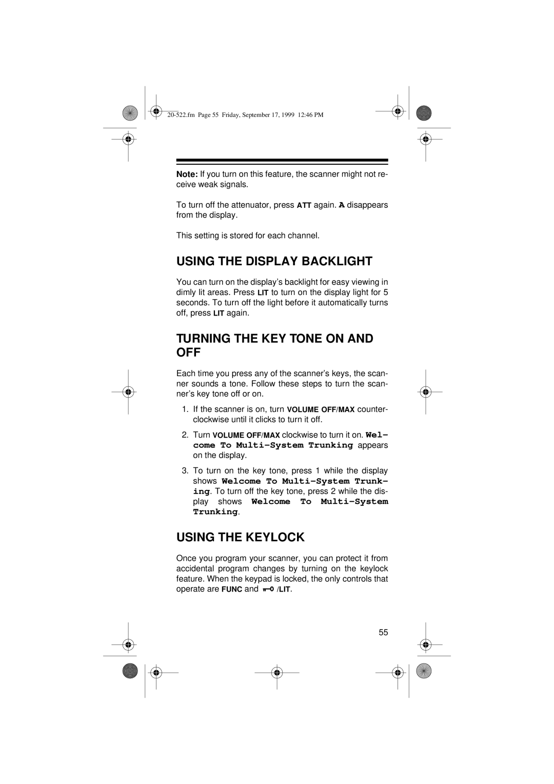 Radio Shack PRO-92 manual Using the Display Backlight, Turning the KEY Tone on and OFF, Using the Keylock 