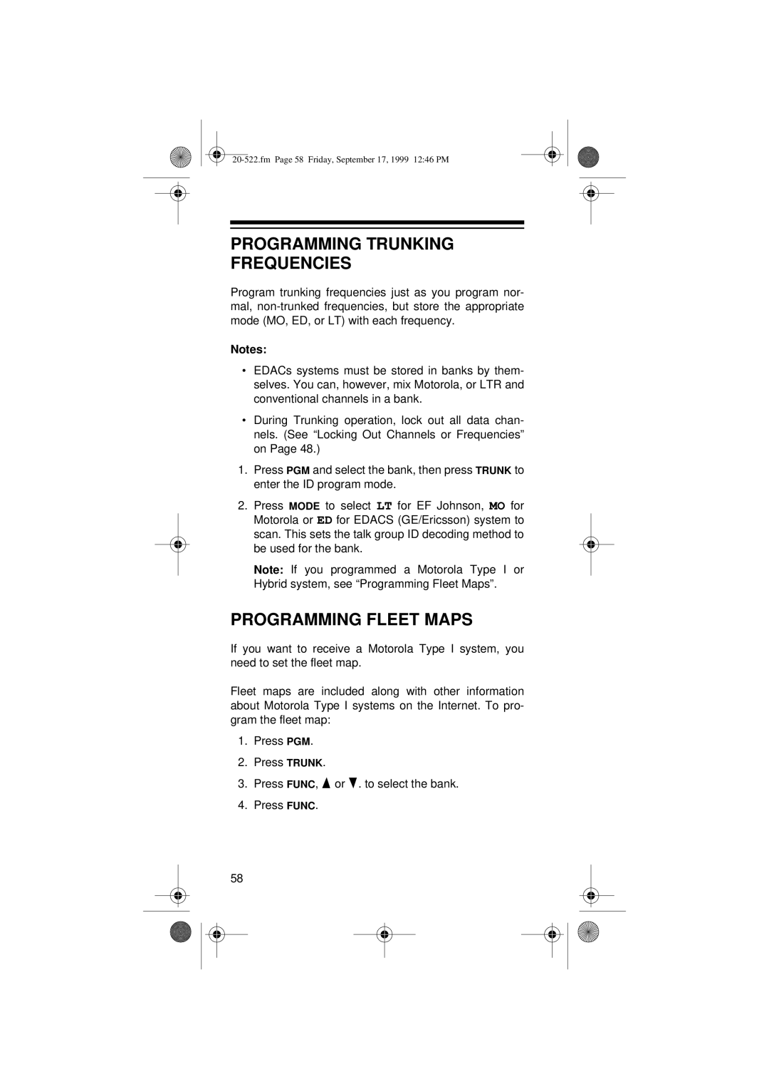 Radio Shack PRO-92 manual Programming Trunking Frequencies, Programming Fleet Maps 