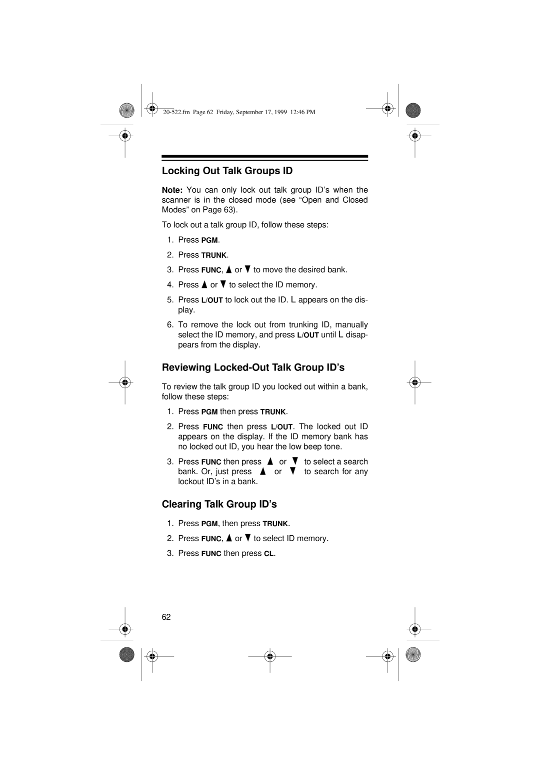 Radio Shack PRO-92 manual Locking Out Talk Groups ID, Reviewing Locked-Out Talk Group ID’s, Clearing Talk Group ID’s 