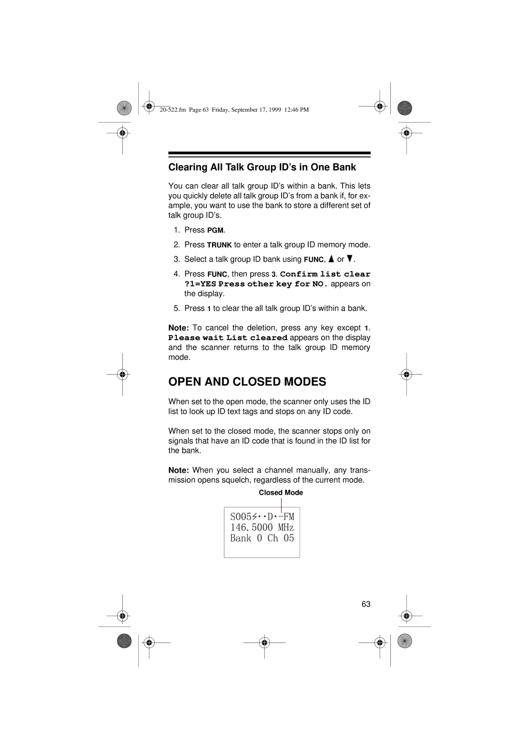 Radio Shack PRO-92 manual Open and Closed Modes, Clearing All Talk Group ID’s in One Bank 