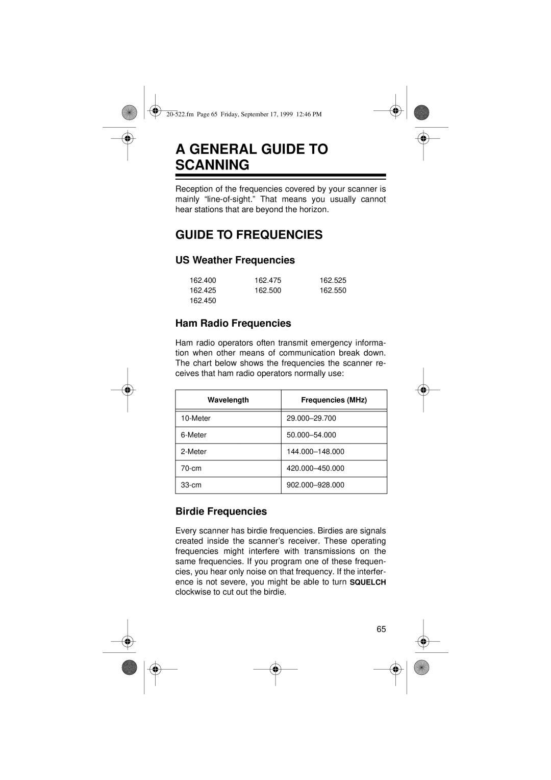 Radio Shack PRO-92 manual General Guide to Scanning, Guide to Frequencies, US Weather Frequencies, Ham Radio Frequencies 