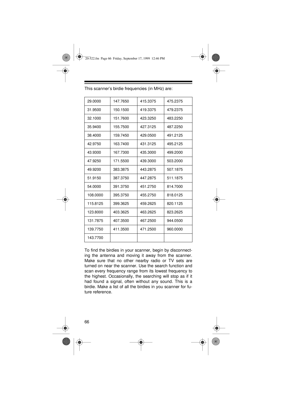 Radio Shack PRO-92 manual This scanner’s birdie frequencies in MHz are 