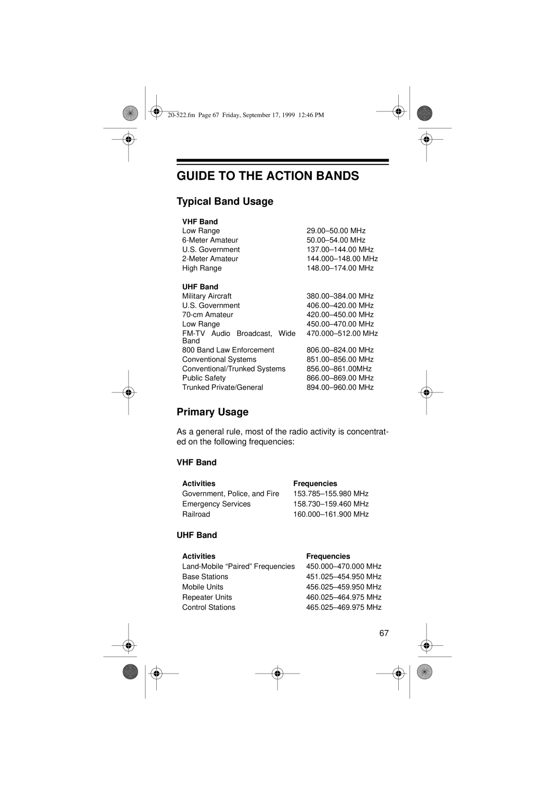 Radio Shack PRO-92 manual Guide to the Action Bands, Typical Band Usage, Primary Usage 