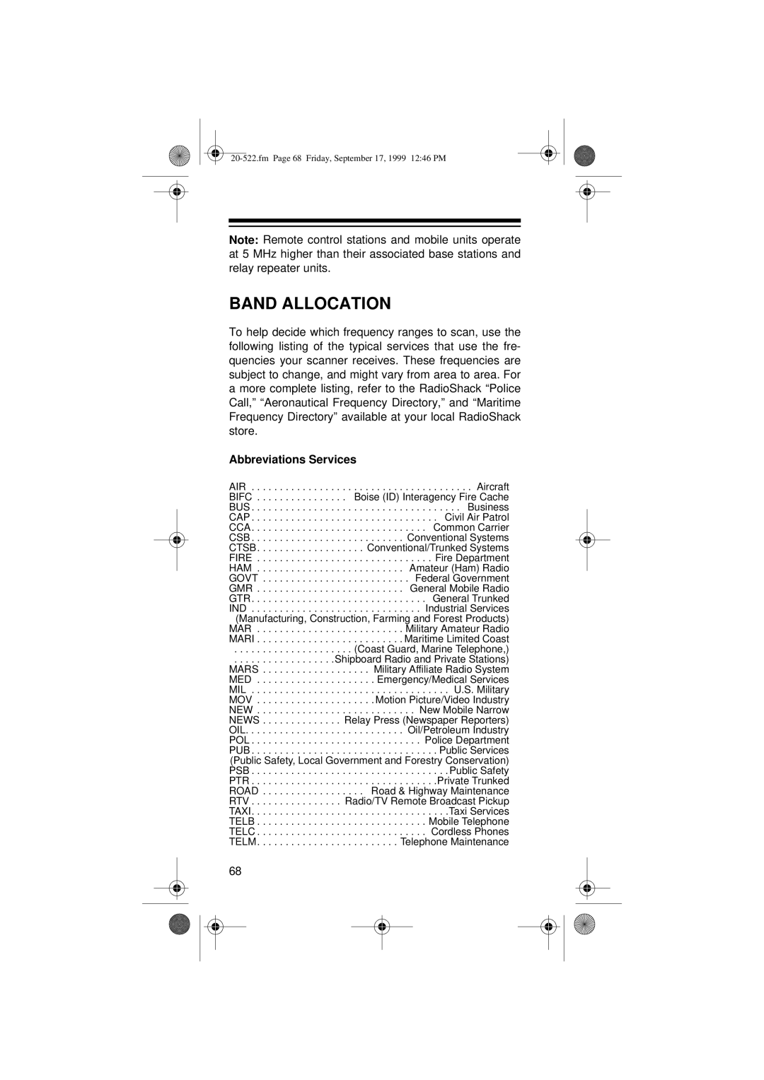 Radio Shack PRO-92 manual Band Allocation, Abbreviations Services 