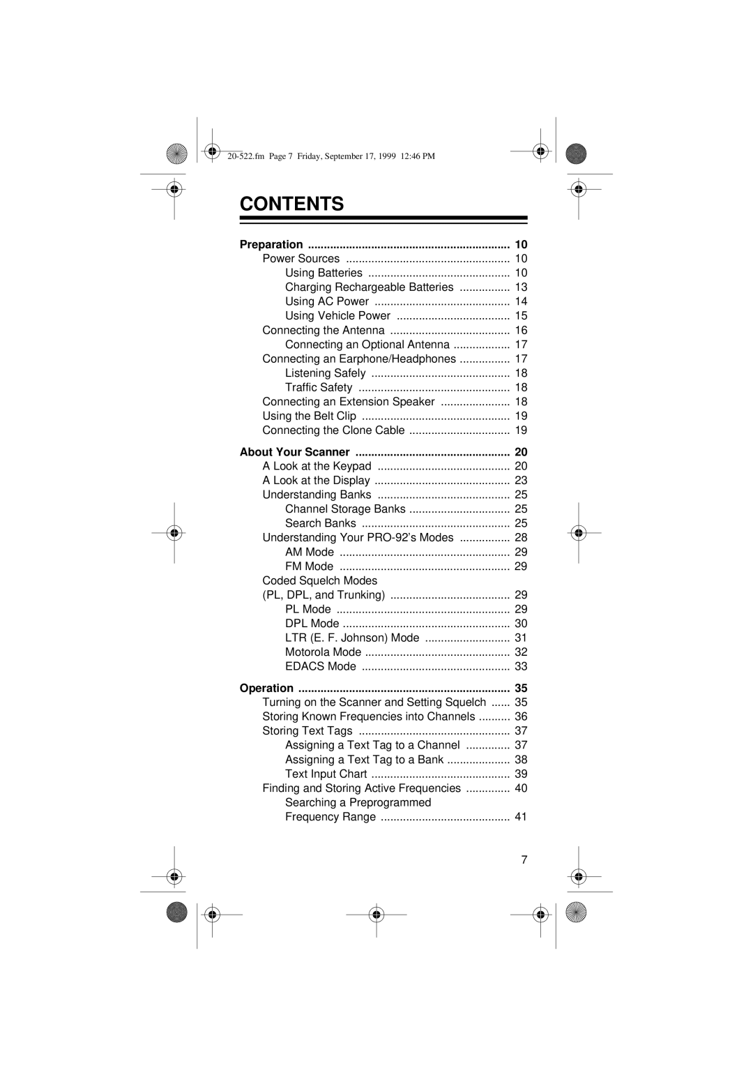 Radio Shack PRO-92 manual Contents 