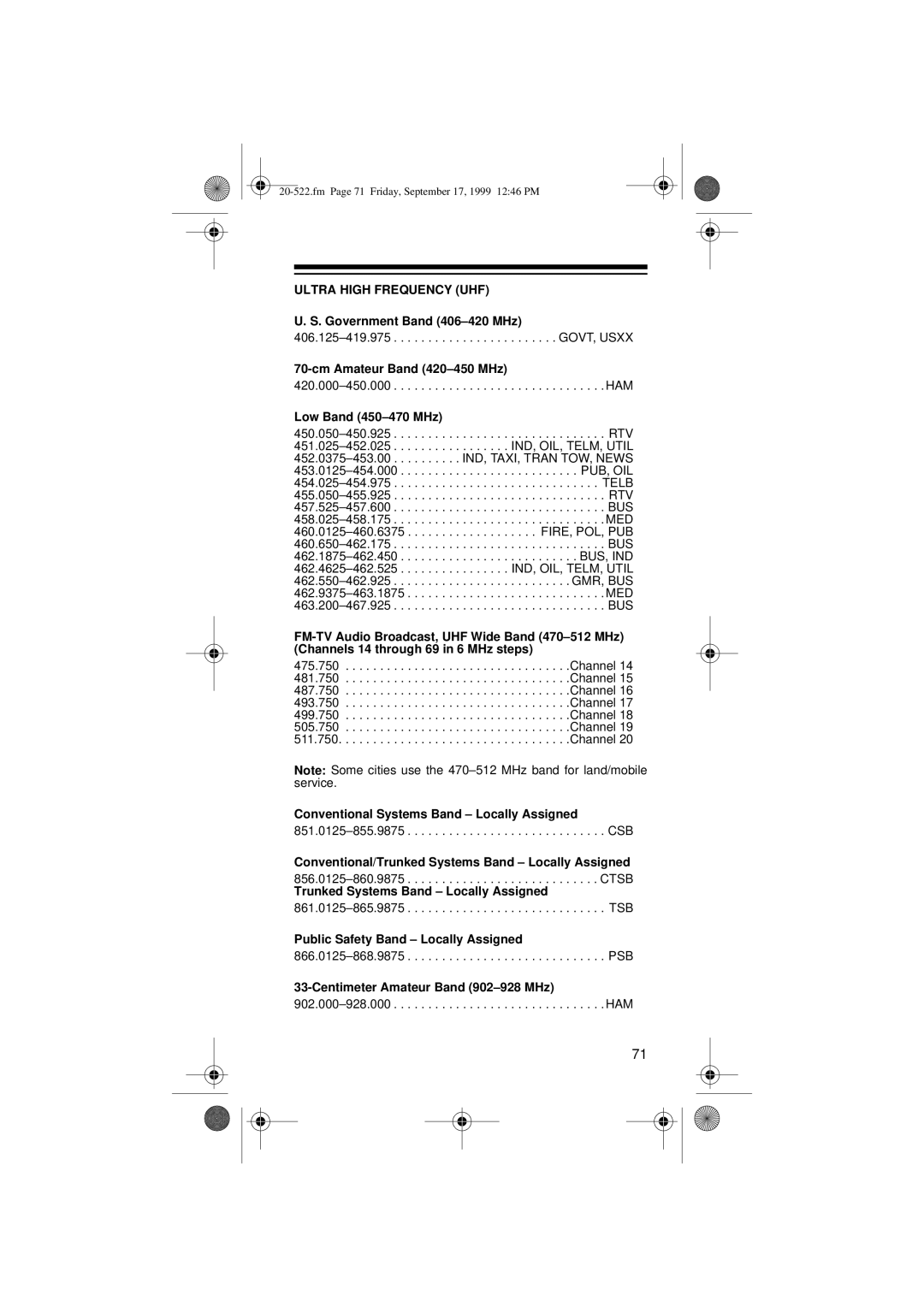 Radio Shack PRO-92 manual Government Band 406-420 MHz, Cm Amateur Band 420-450 MHz, Low Band 450-470 MHz 