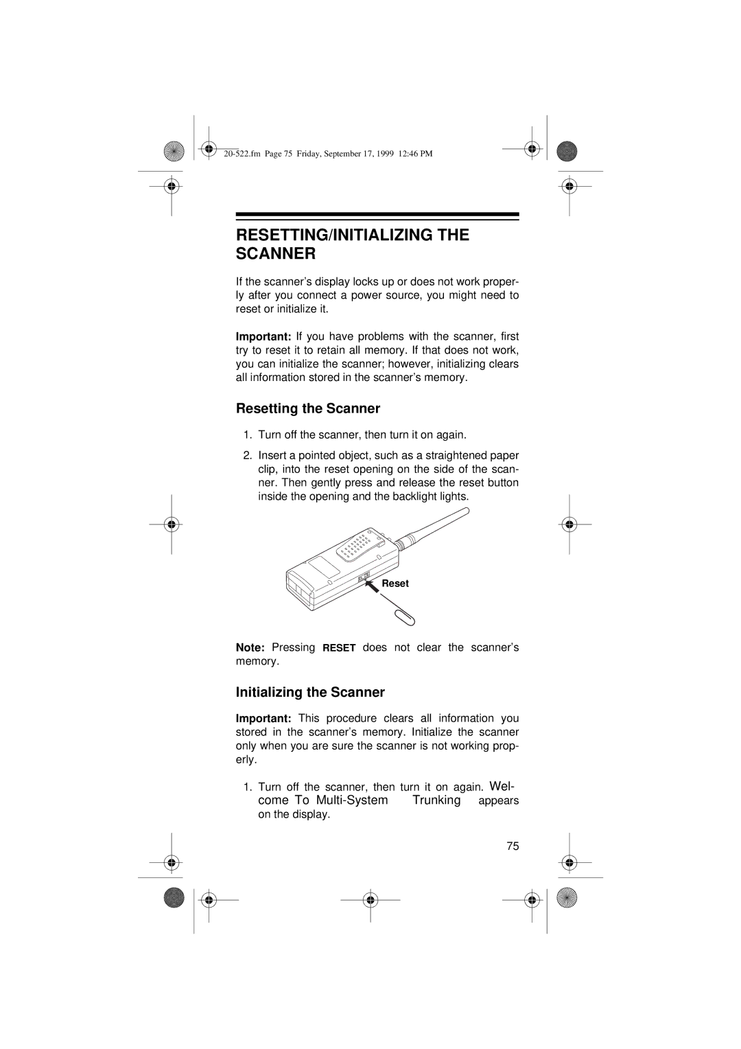 Radio Shack PRO-92 manual RESETTING/INITIALIZING the Scanner, Resetting the Scanner, Initializing the Scanner 