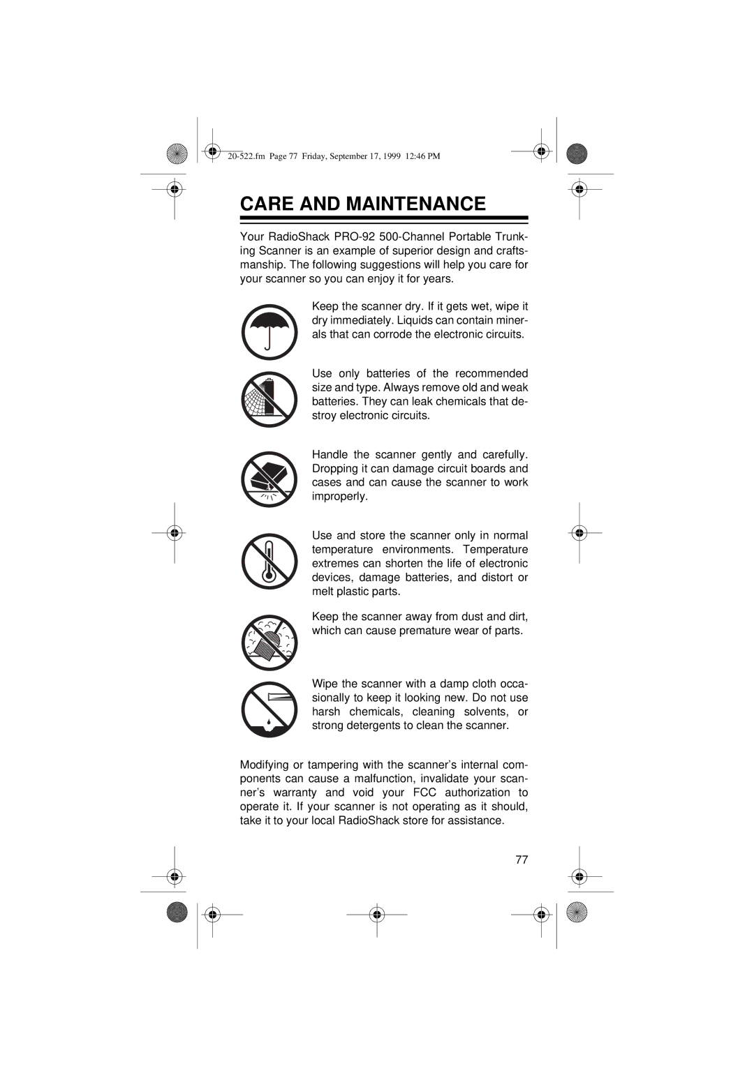 Radio Shack PRO-92 manual Care and Maintenance 