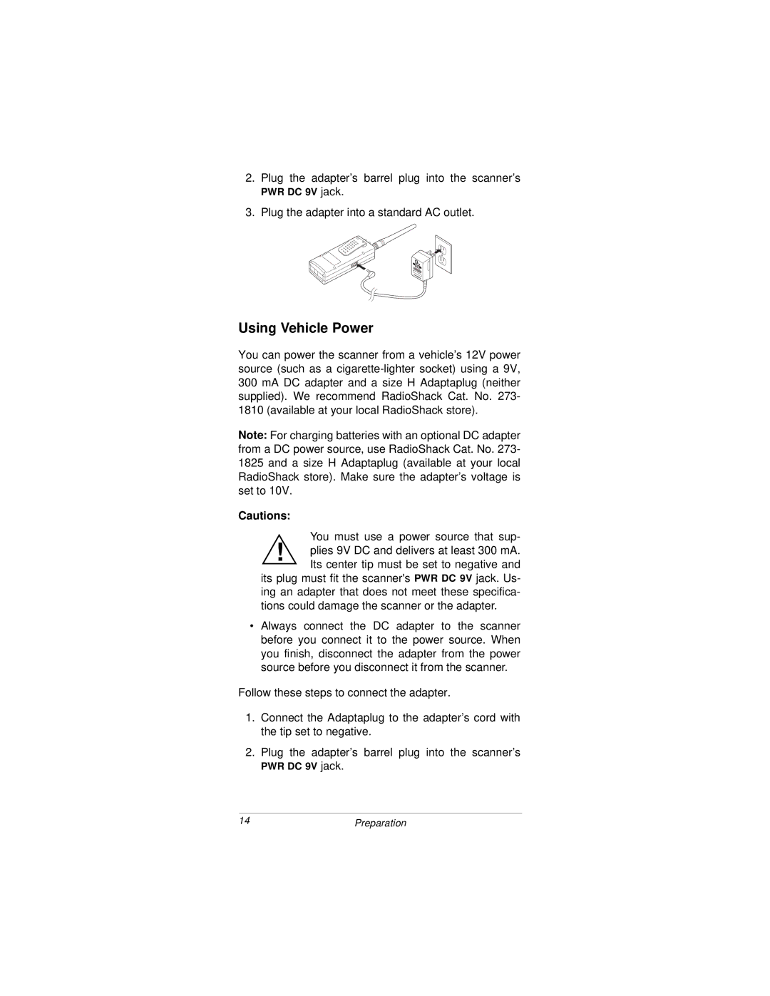 Radio Shack PRO-92 owner manual Using Vehicle Power, PWR DC 9V jack 