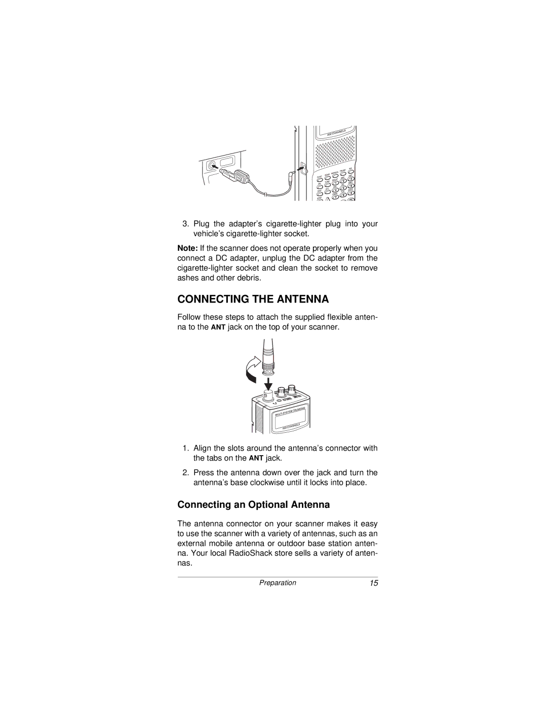 Radio Shack PRO-92 owner manual Connecting the Antenna, Connecting an Optional Antenna 