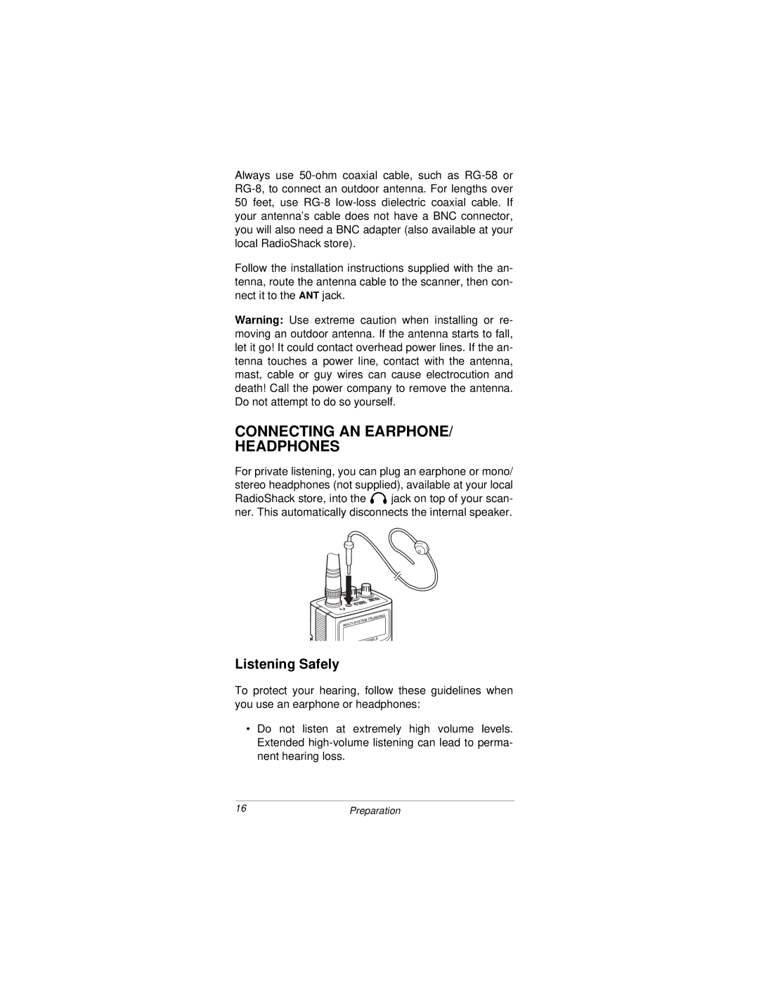 Radio Shack PRO-92 owner manual Connecting AN EARPHONE/ Headphones, Listening Safely 