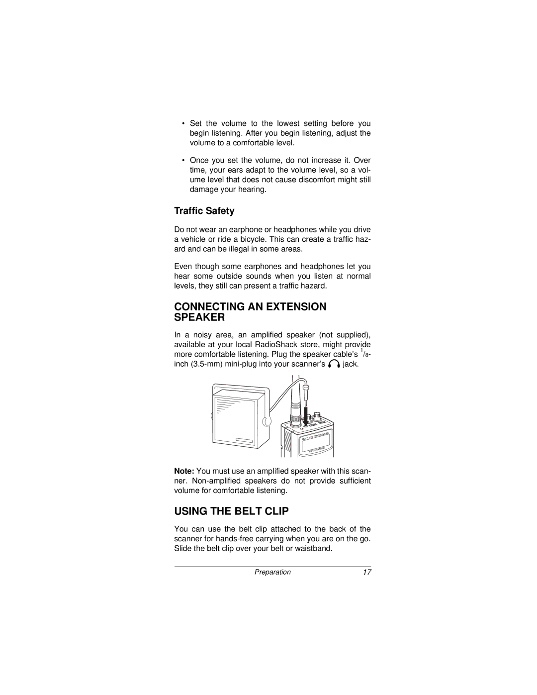 Radio Shack PRO-92 owner manual Connecting AN Extension Speaker, Using the Belt Clip, Traffic Safety 