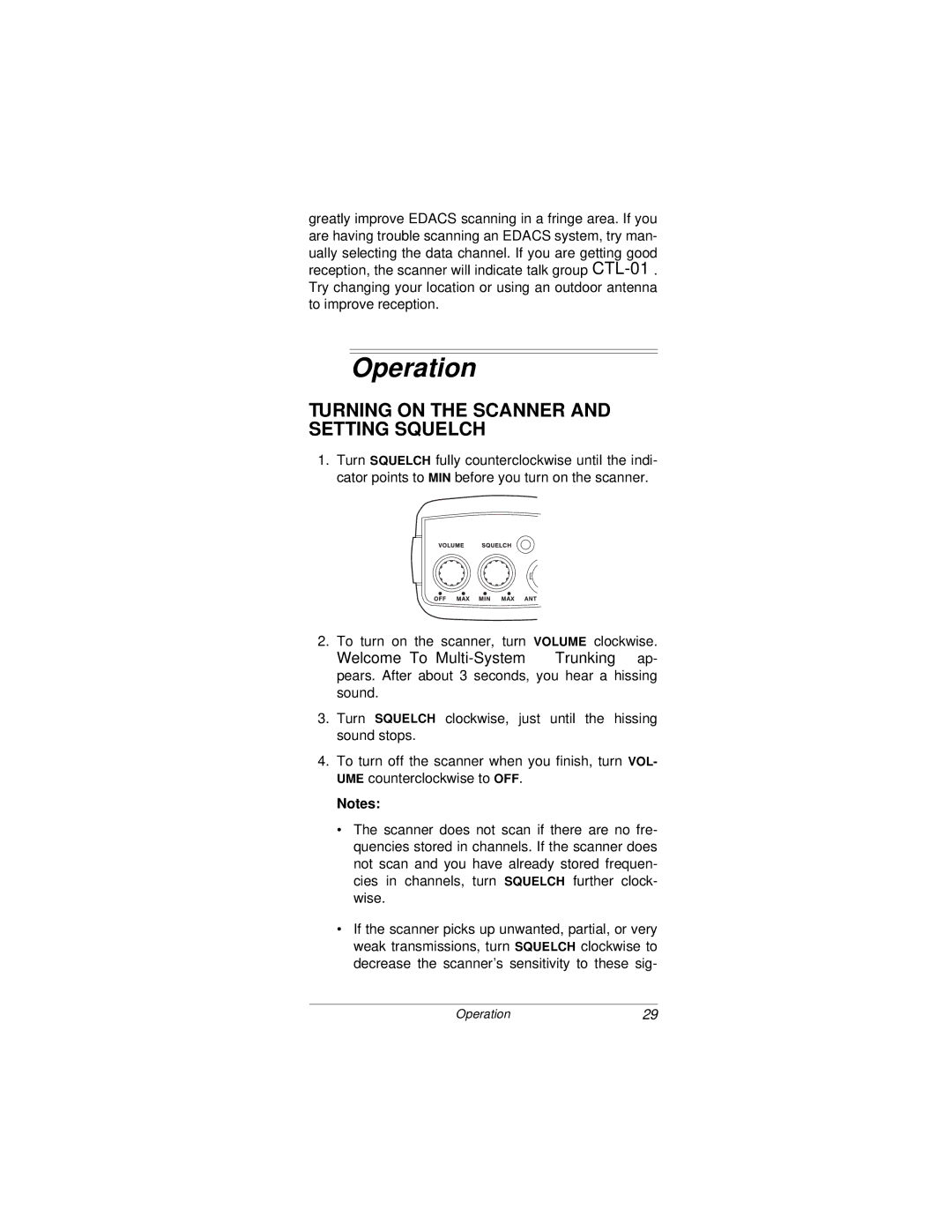 Radio Shack PRO-92 owner manual Operation, Turning on the Scanner and Setting Squelch 