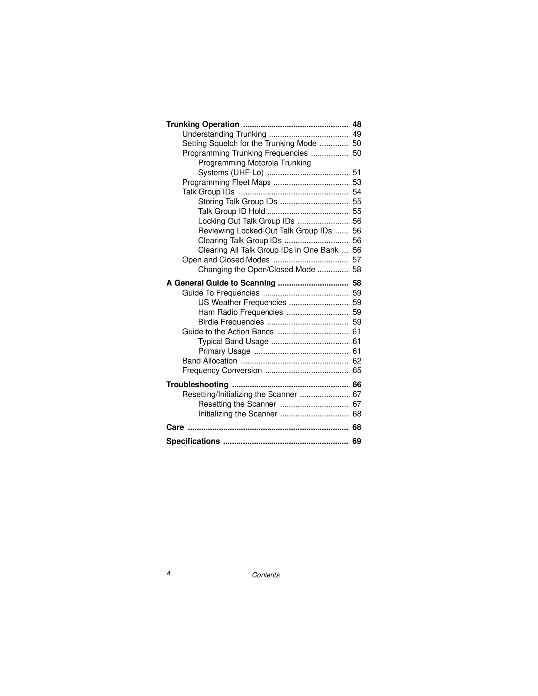 Radio Shack PRO-92 owner manual Trunking Operation, General Guide to Scanning, Troubleshooting, Care Specifications 