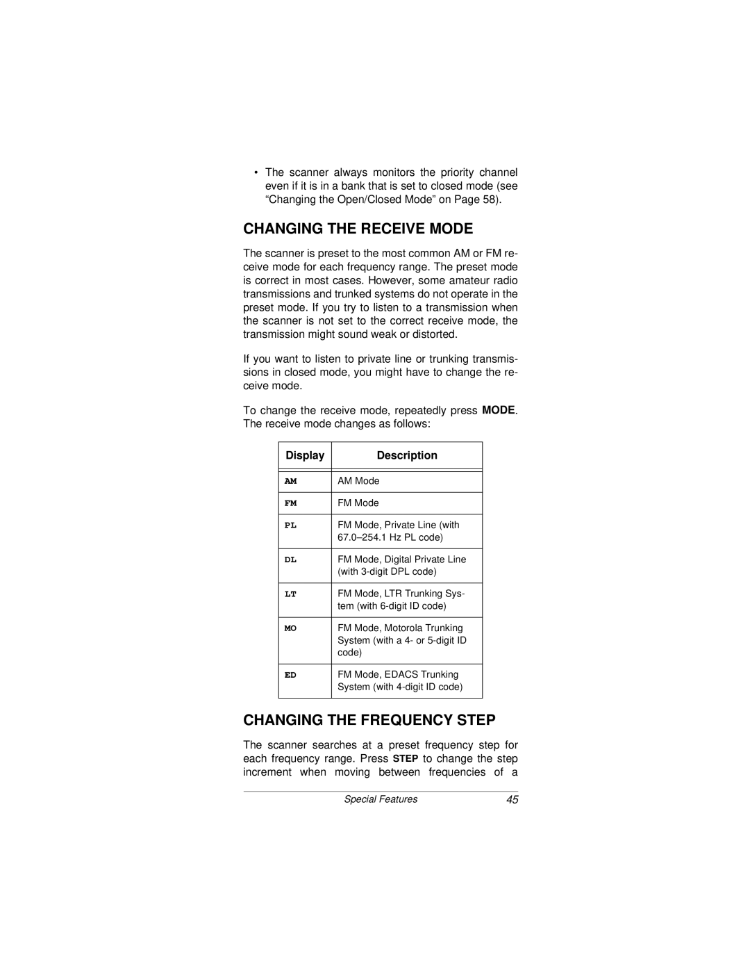 Radio Shack PRO-92 owner manual Changing the Receive Mode, Changing the Frequency Step, Display Description 