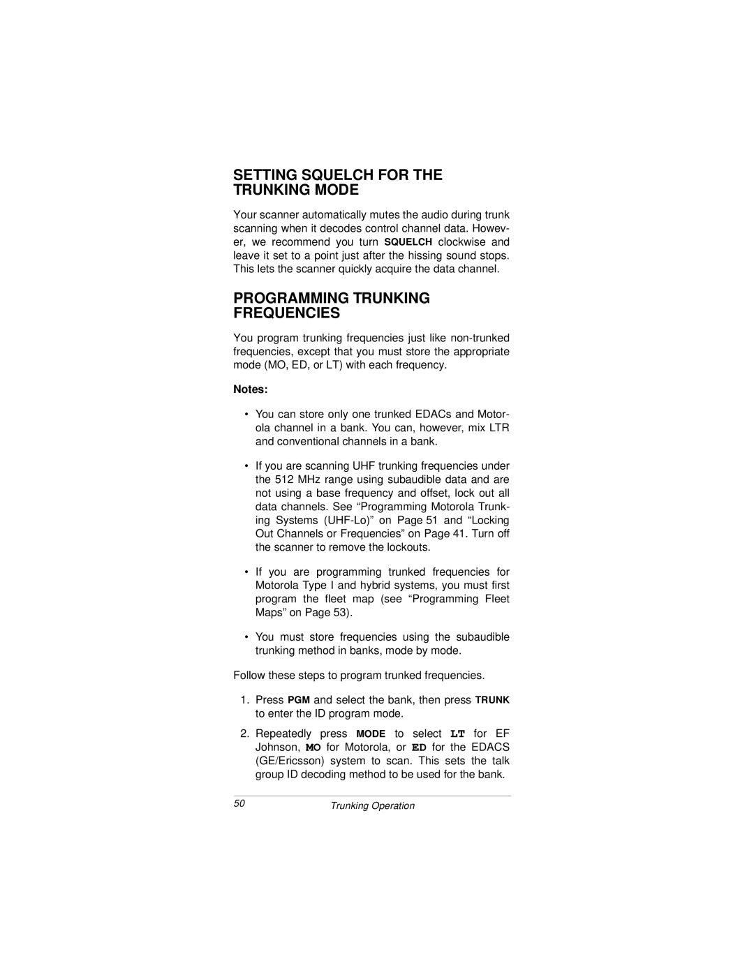 Radio Shack PRO-92 owner manual Setting Squelch for the Trunking Mode, Programming Trunking Frequencies 