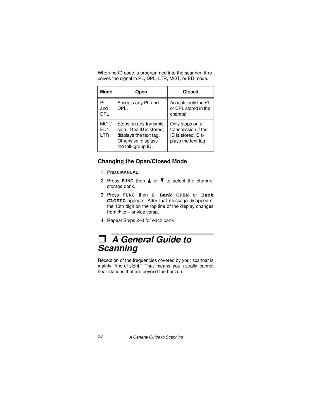 Radio Shack PRO-92 owner manual General Guide to Scanning, Changing the Open/Closed Mode, Mode Open Closed 