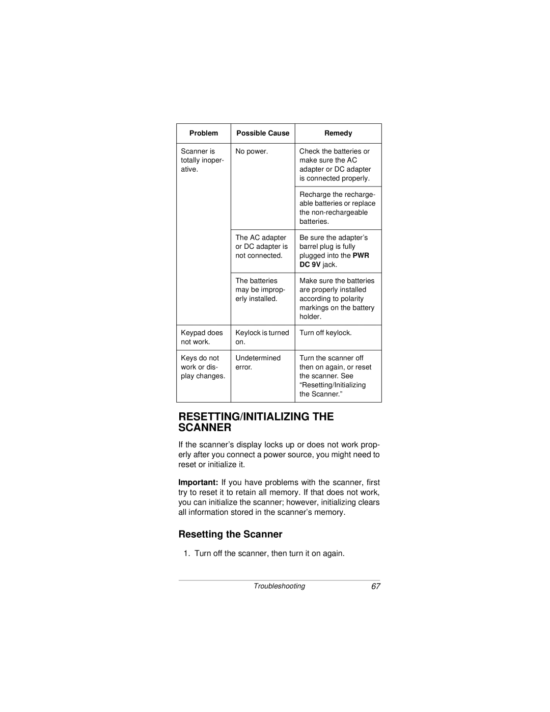 Radio Shack PRO-92 owner manual RESETTING/INITIALIZING the Scanner, Resetting the Scanner, DC 9V jack 