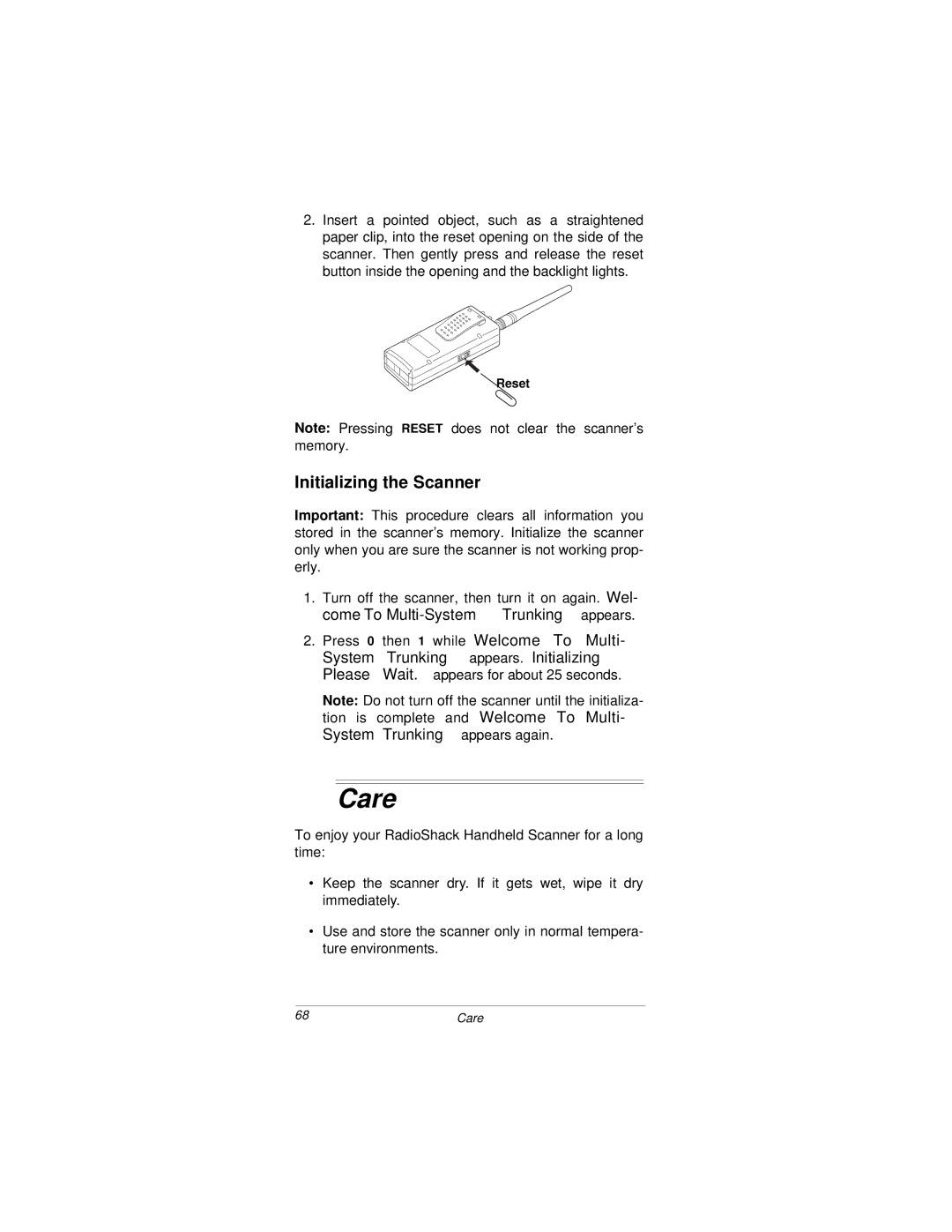 Radio Shack PRO-92 owner manual Care, Initializing the Scanner, Reset 